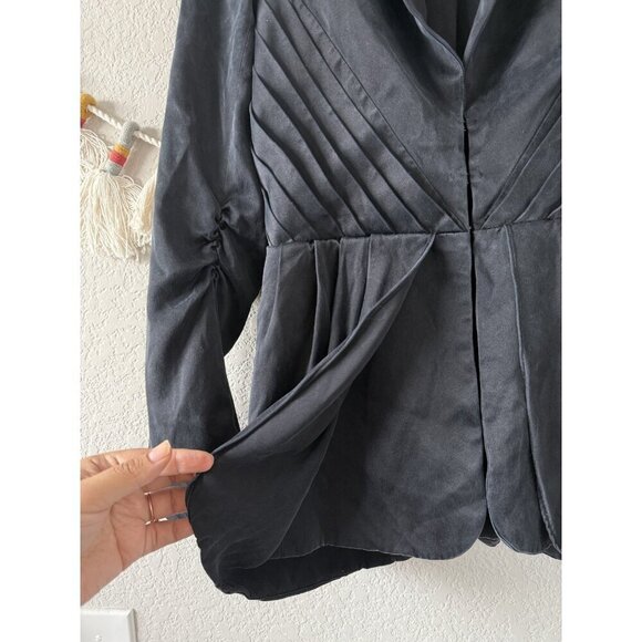 Alice + Olivia 100% Silk Navy Hook Eye Ruched Blazer Jacket Office Victorian S - Picture 6 of 11